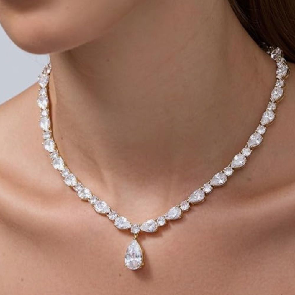 NEW 14K Gold Plated Cubic Zirconia Pear Tennis Necklace - Picture 2 of 3